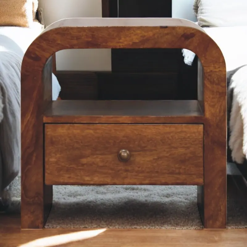 Darcy Wooden Nightstand With Drawer And Open Shelf – Warm Brown Finish 1