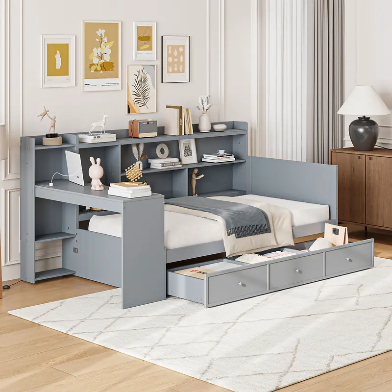 Daybed With Three Concealed Drawers, Dual Usb Ports, And Fold-Down Work Desk 3