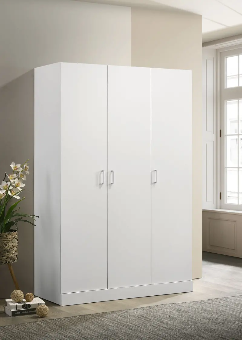 Declan Three-Door White Wardrobe Armoire With Adjustable Shelves And Hanging Space 1