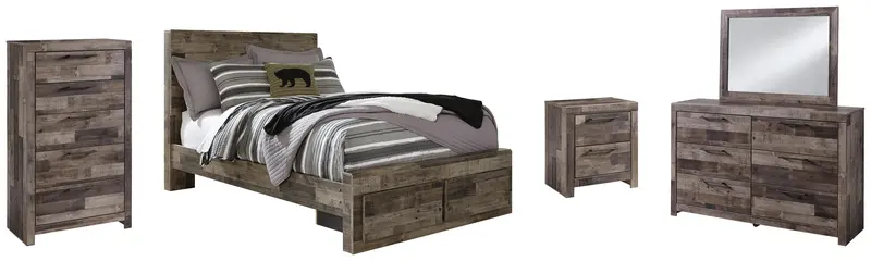 Derekson Full Panel Bed With Two Storage Drawers + Mirrored Dresser, Chest & Nightstand 1