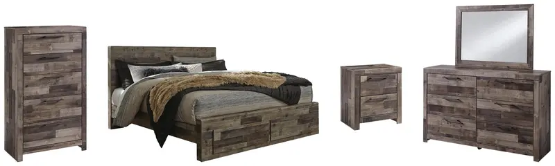 Derekson King Panel Bed With Two Storage Drawers + Mirrored Dresser, Chest & Nightstand 1