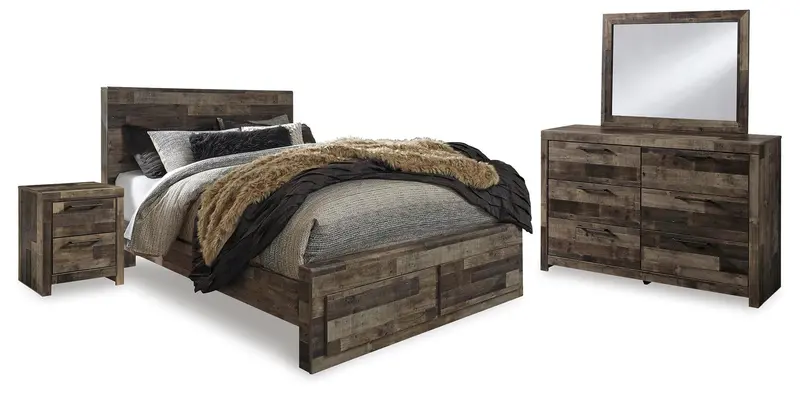 Derekson Queen Panel Bed With 2 Under-Bed Drawers, Mirror, Dresser & Nightstand 1