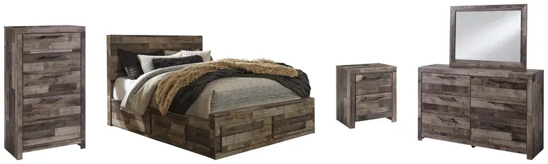 Derekson Queen Panel Bed With 4-Drawer Storage + Mirrored Dresser, Chest & Nightstand 1