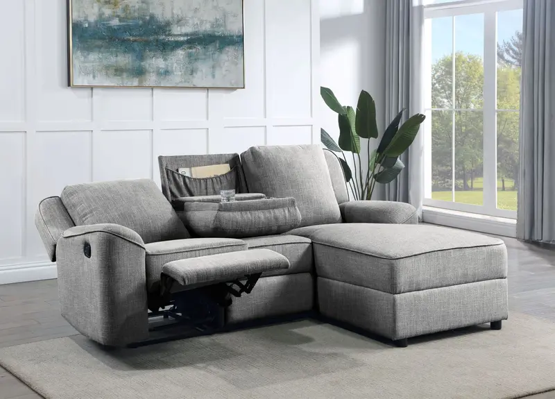 Destiny Gray Linen Sectional Sofa With Built-In Drop-Down Table 1
