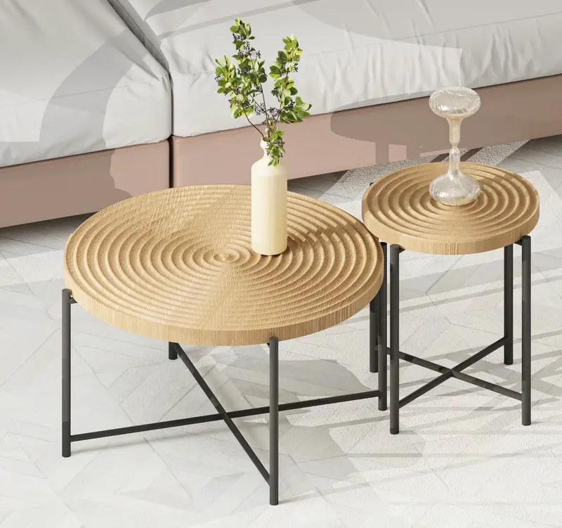 Distressed Cylindrical Coffee & End Table Set – Rustic Waterproof Covers (2-Piece) 2