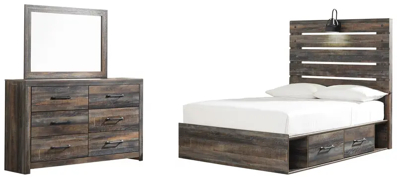 Drystan Full Panel Bed With 4 Storage Drawers And Mirrored Dresser 1
