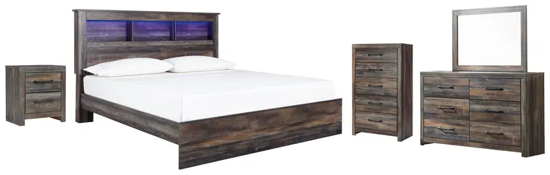 Drystan King Bookcase Panel Bed With Mirrored Dresser, Chest & Nightstand 1