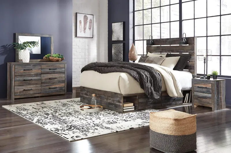 Drystan King Panel Bed With Dual Storage Drawers, Mirrored Dresser, And Nightstand 1