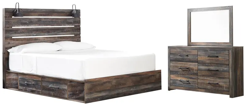 Drystan King Panel Bed With Four Deep Storage Drawers + Mirrored Dresser 1