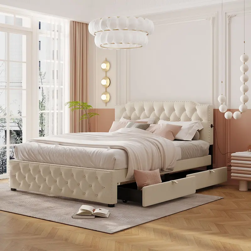 Dual-Drawer Upholstered Platform Bed With Dual-Side Usb Charging Stations 1