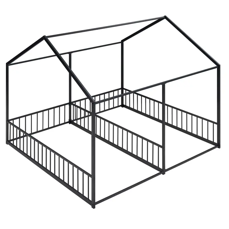 Dual-Use House Platform Bed – Twin-Sized Pair With Metal Frame And Safety Guardrails 3