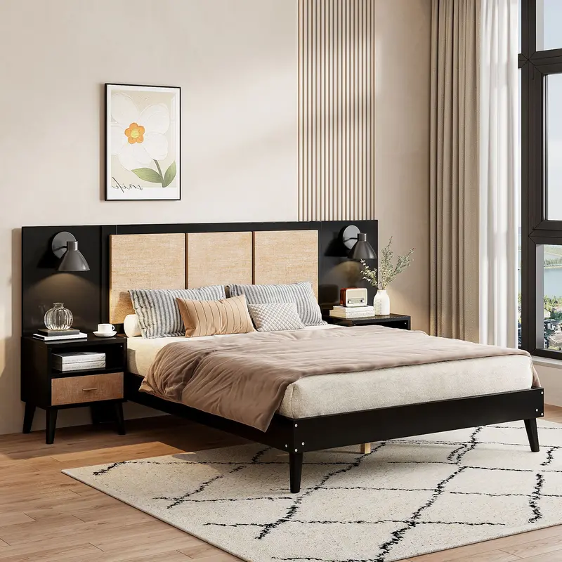 Elegant Bed Frame With Matching Nightstands And Integrated Bedside Lamps 1