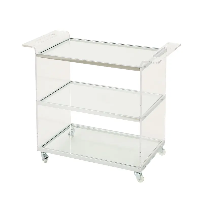 Elegant Clear Acrylic Bar Cart With Tempered Glass Shelves And Rattan-Inspired Metal Frame 1
