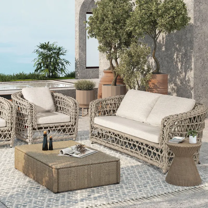 Everly Deep-Seating Patio Loveseat – Axroma Olefin Fabric In Oat Beige 1