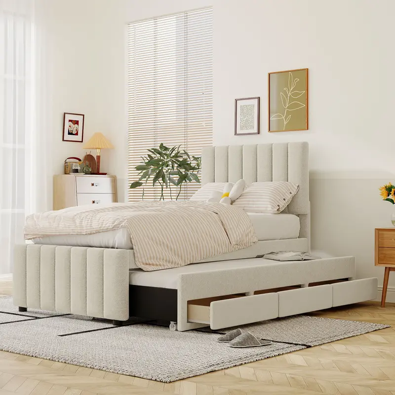 Fabric Platform Bed With Pull-Out Trundle And Clean-Line Design 1