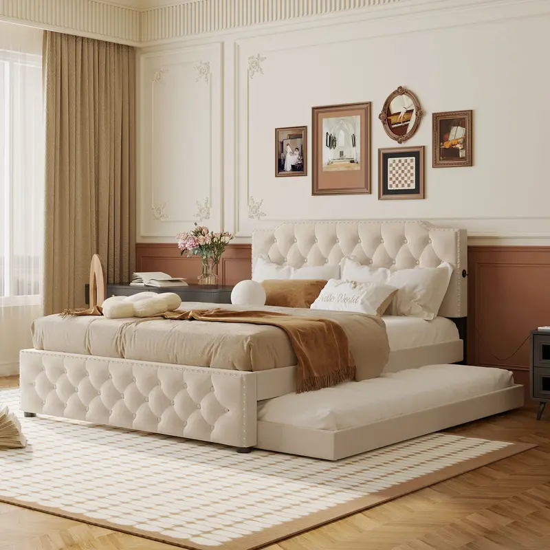 Fabric Platform Bed With Trundle, Dual-Side Usb Ports, And Modern Silhouette 1