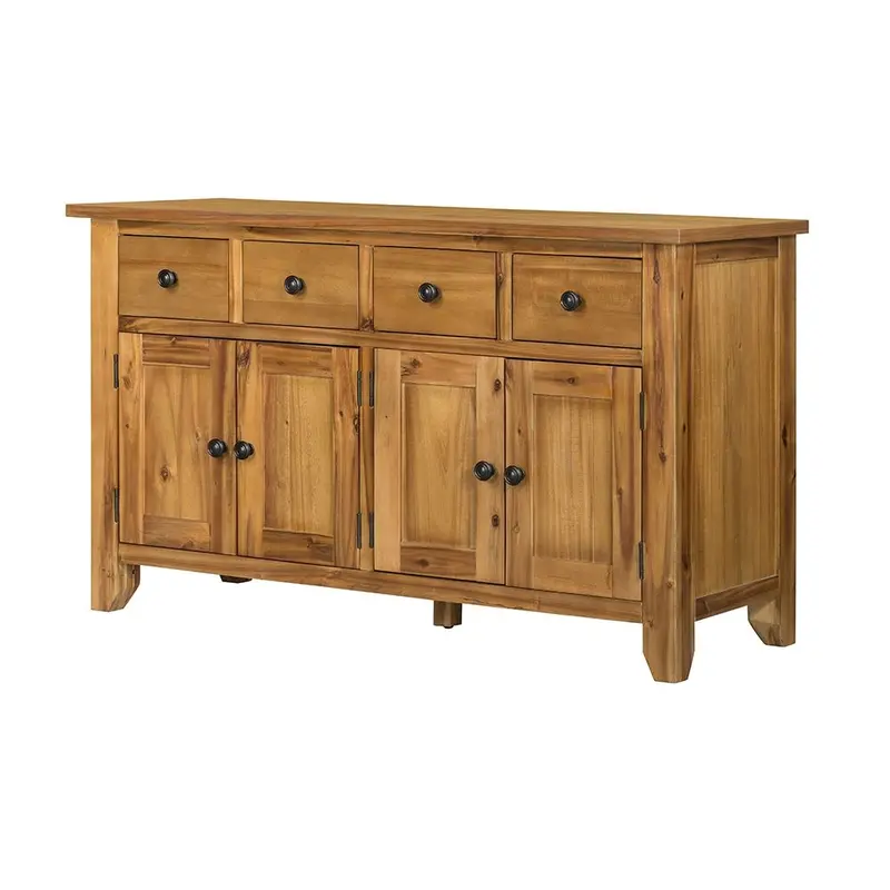 Farmhouse-Style Cabinet In Natural Wood Grain With Open Shelving And Storage Compartments 1