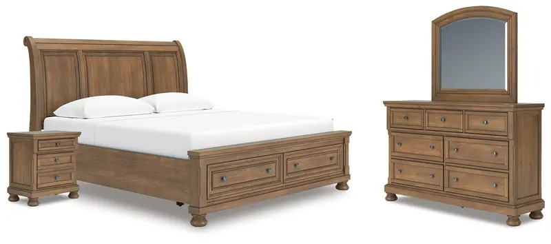 Feddinger King Storage Sleigh Bed With Mirrored Dresser & Nightstand 1