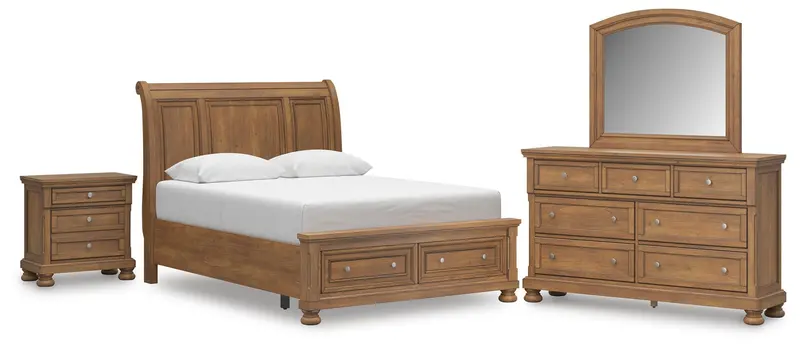 Feddinger Queen Sleigh Bed With Hidden Storage, Mirrored Dresser, And Nightstand 1