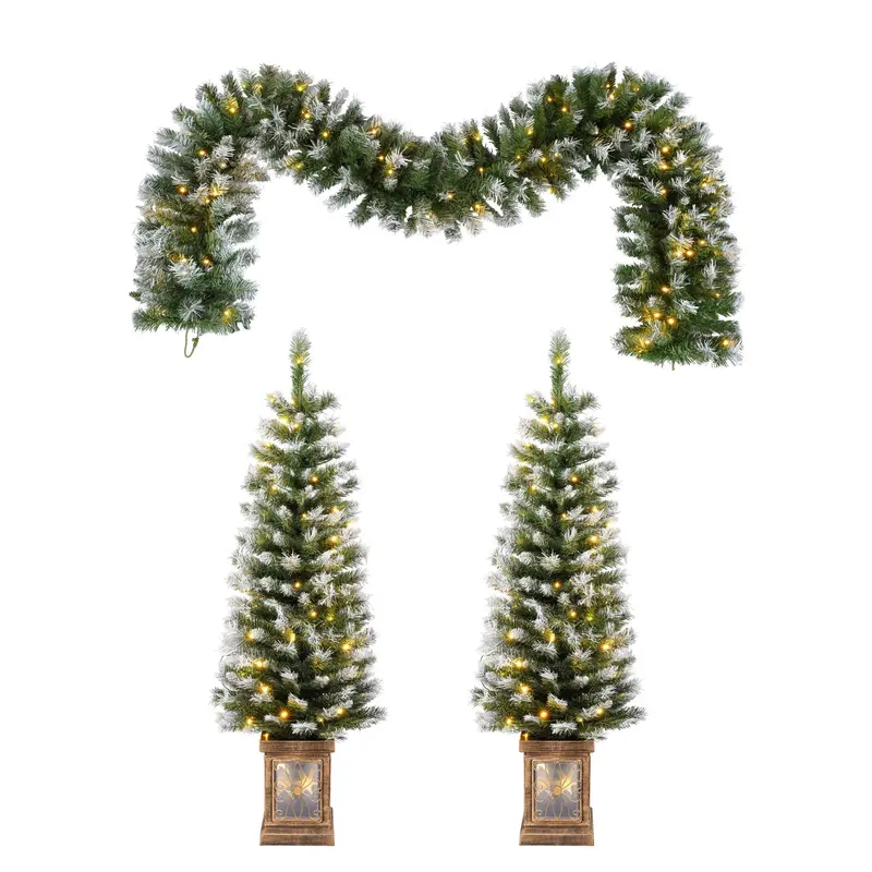 Festive Artificial Christmas Decor Set: Led Wreath + Two Entrance Trees (White/Green) 1