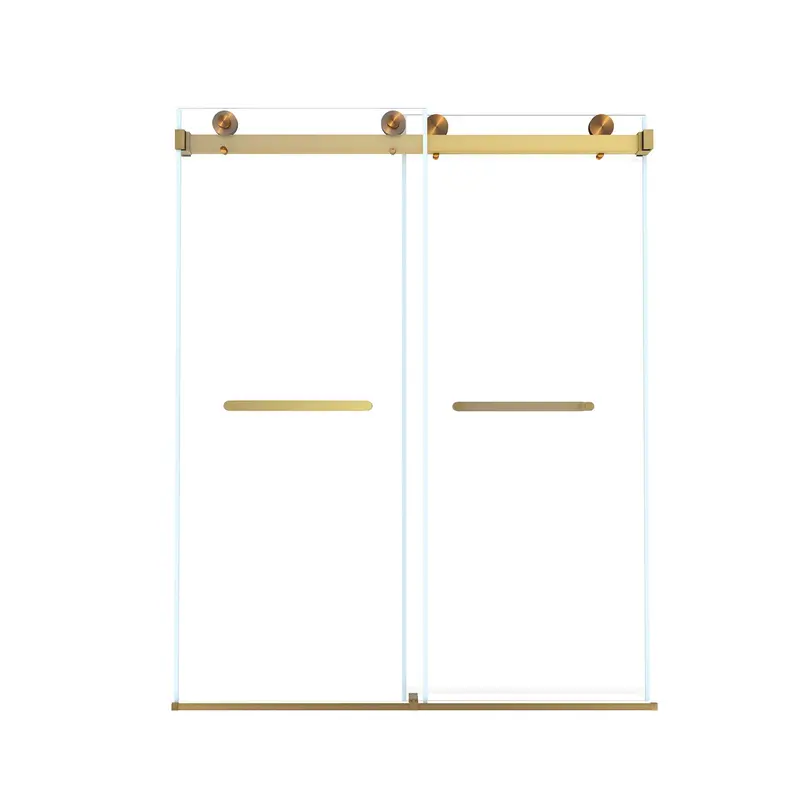Frameless Double-Sliding Shower Door: Explosion-Proof Tempered Glass With Square Brushed Gold Track 1