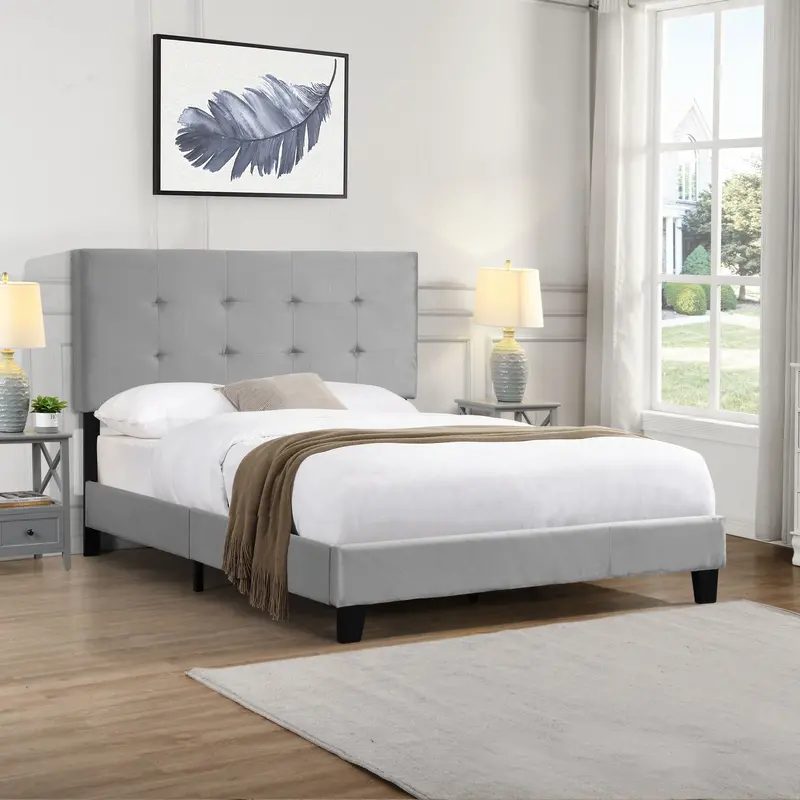 Full-Size Gray Upholstered Platform Bed Frame – Tufted Headboard, No Box Spring Required 1