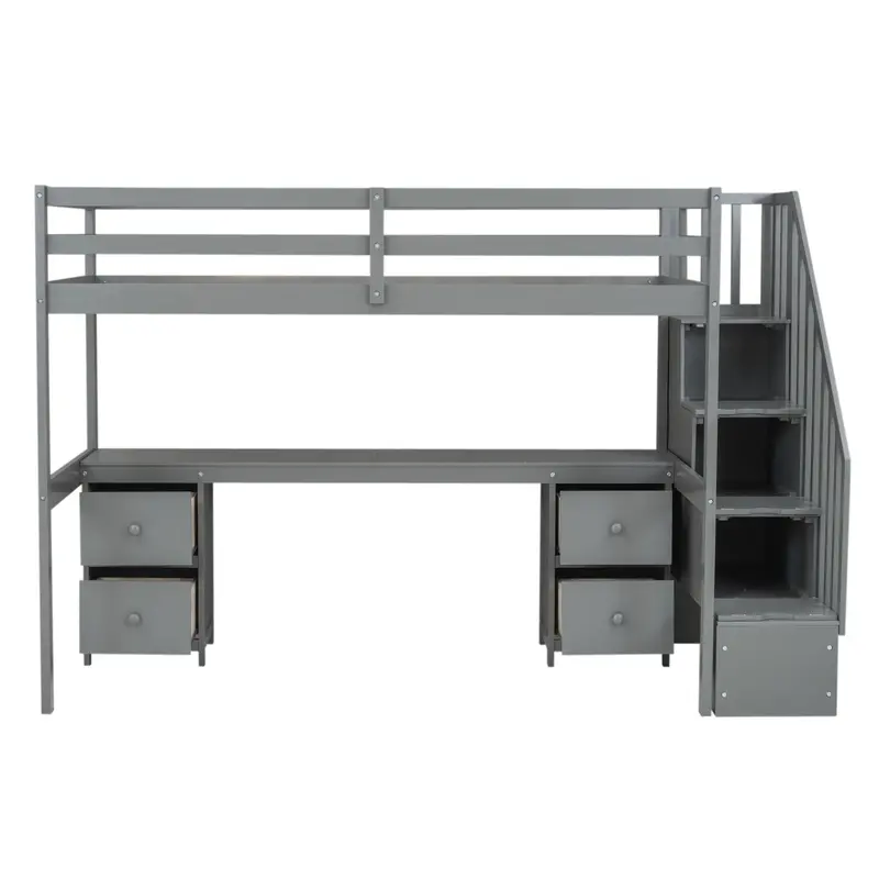 Functional Loft Bed Frame Combining A Built-In Work Desk And Dual Under-Bed Storage Drawers 1