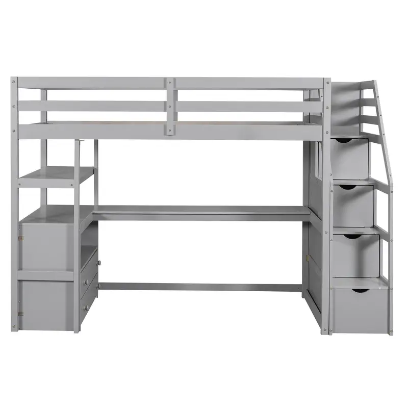 Functional Loft Bed With Integrated Desk, Floating Shelves, Two Drawers, And Staircase Storage System 4