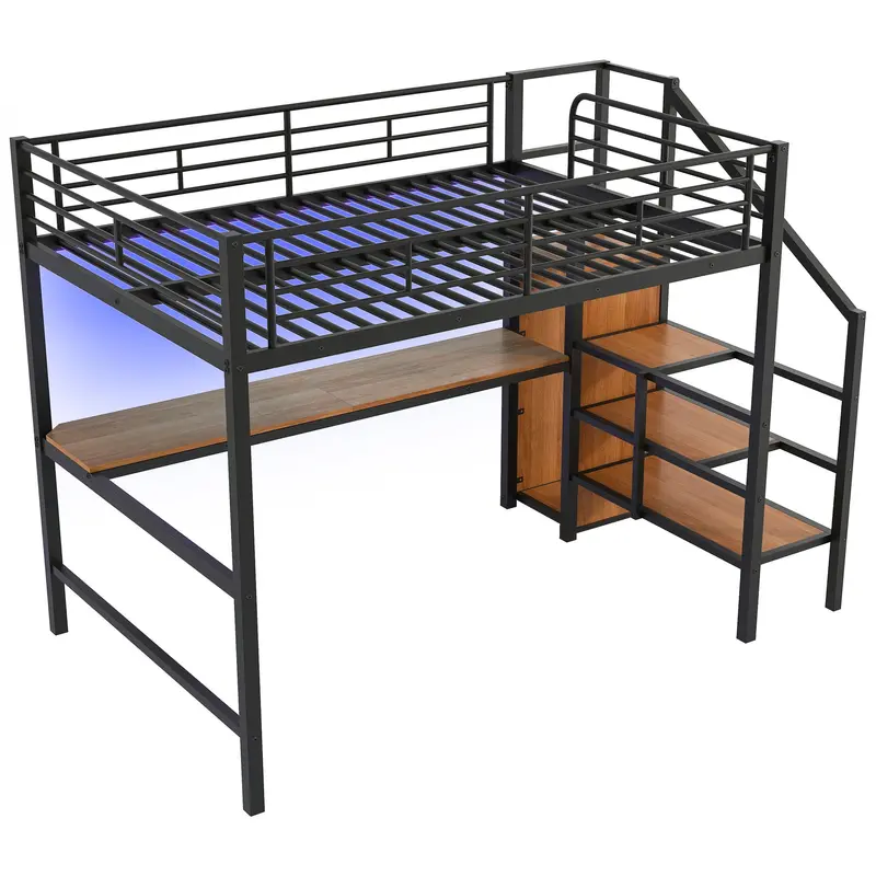 Functional Loft Bed With Work Desk, Step-Integrated Storage Staircase, Slim Wardrobe, And Energy-Efficient Led Lighting 2