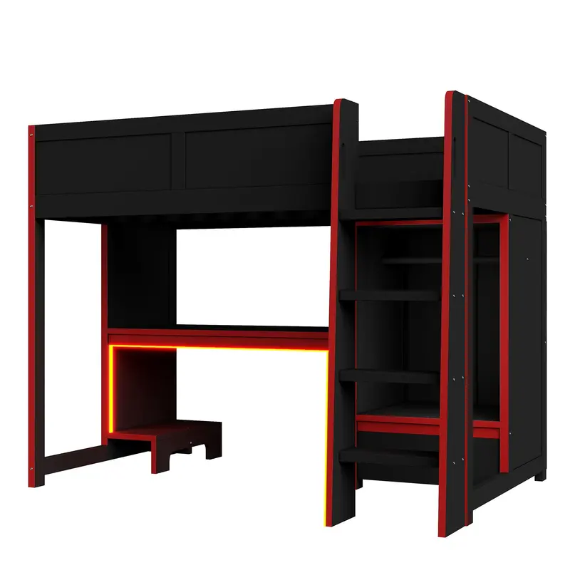 Gaming Loft Bed With Wardrobe, Desk, Led Lighting, And Drawer Storage 1