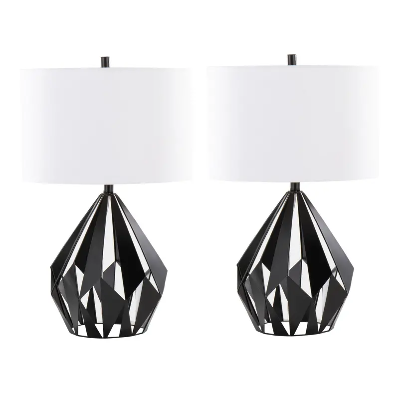 Geo Me Tri Dual Modern Table Lamps – Matte Black Stems And White Fabric Shades 1