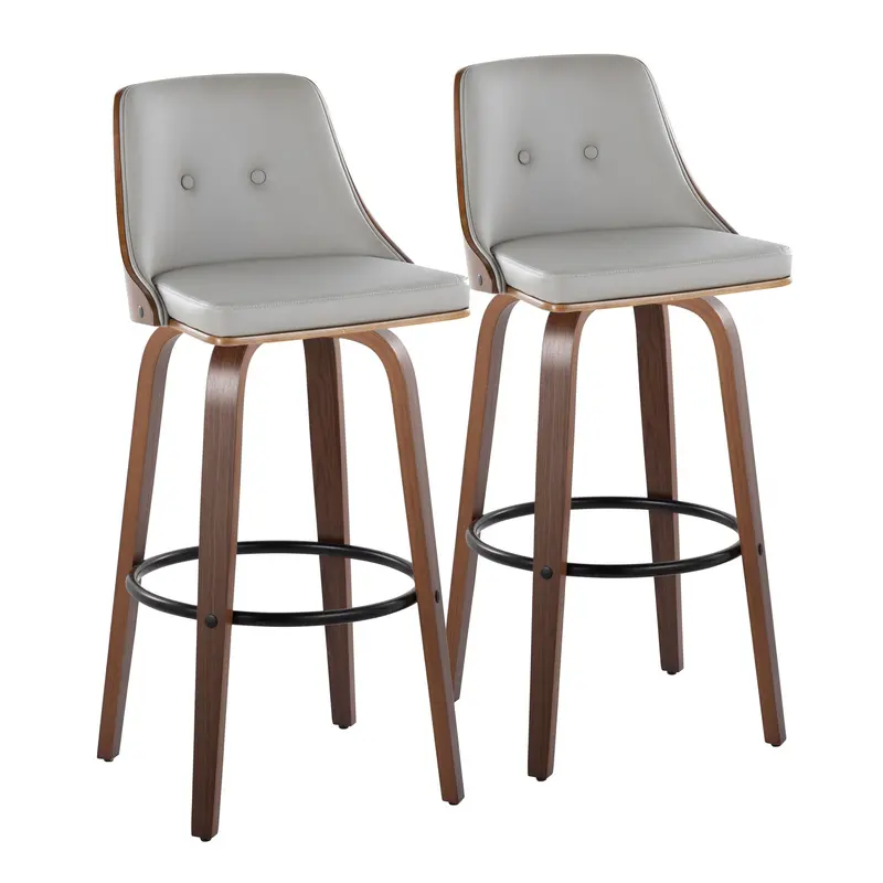 Gianna Mid-Century Fixed-Height Barstool Set – Swivel Function & Circular Footrest (2-Pack), Walnut Frame With Light Gray Seat 1