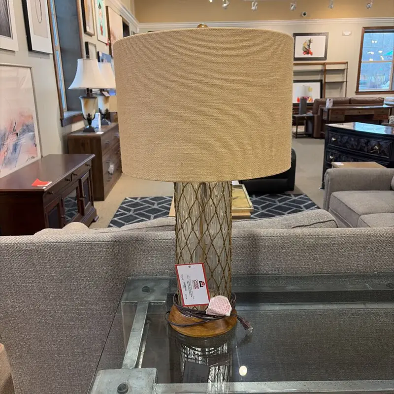 Glass-And-Wood Table Lamp With Shade – Modern Accent Light 1