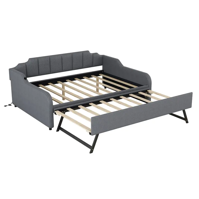 Gray Full Upholstered Daybed With Pull-Out Trundle And Dual Usb Charging Ports 1