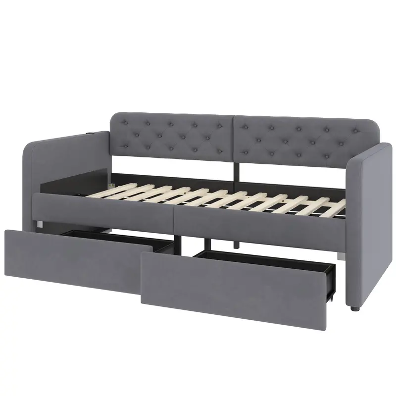 Gray Twin Upholstered Daybed With Dual Storage Drawers & Usb Charging Port 1