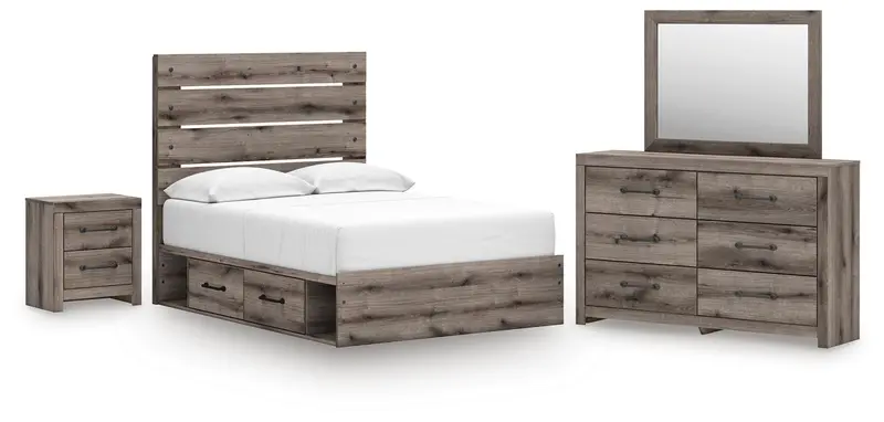 Graystorm Full-Size Panel Storage Bed Ensemble: Bed, Dresser, Mirror & Nightstand 1