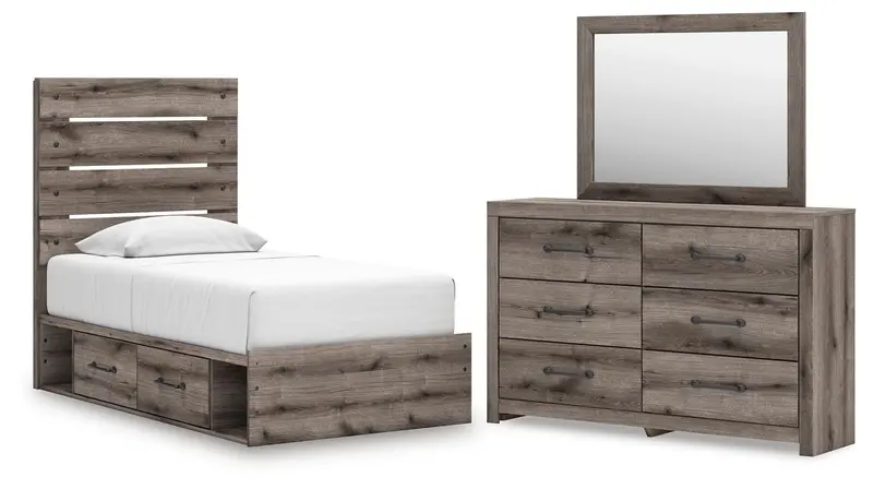 Graystorm Twin Panel Bed Featuring Storage, Dresser, And Mirror 1