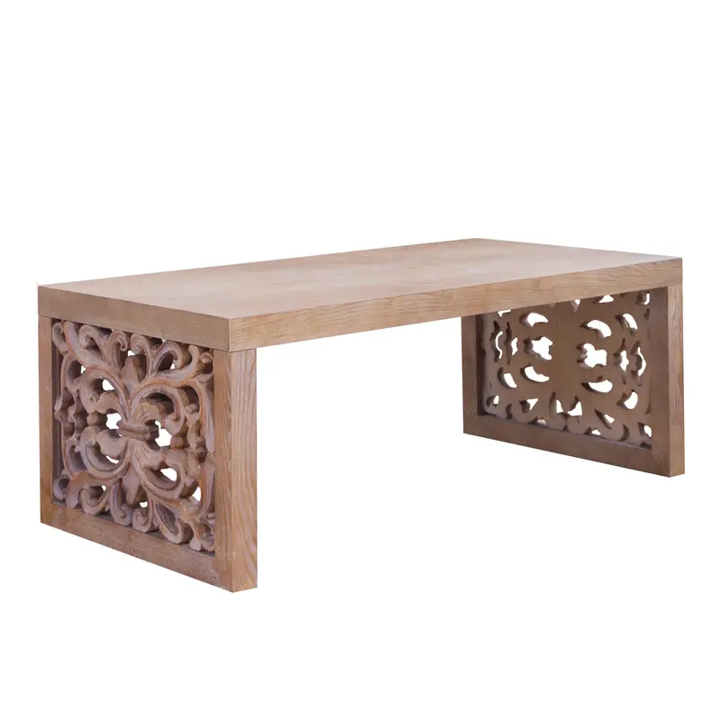 Hand-Carved Rustic Coffee Table With Ornamental Side Panels 1