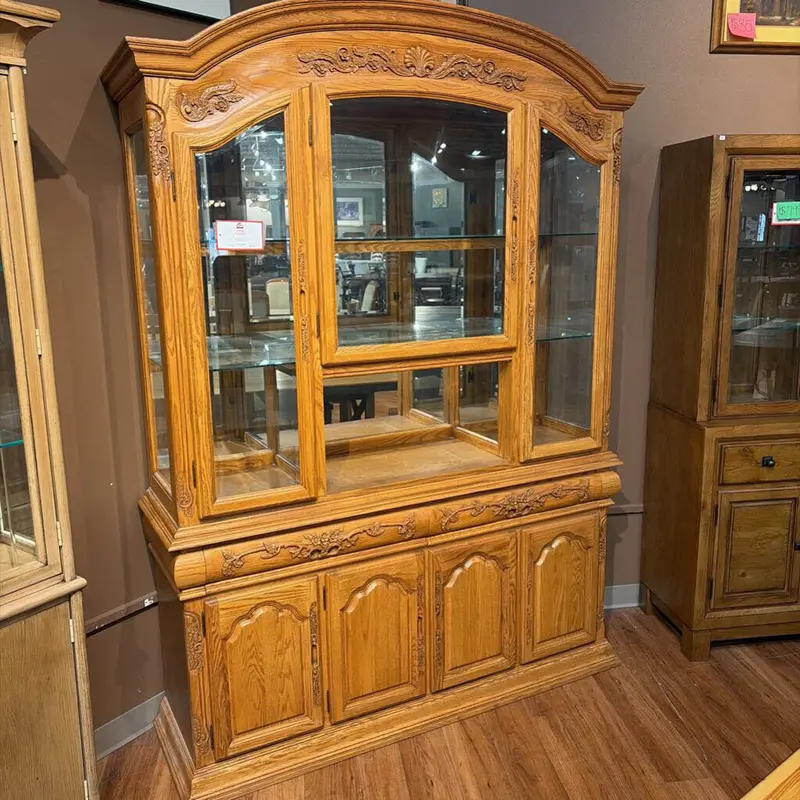Hand-Carved Solid Oak Two-Section Hutch Display Cabinet 1