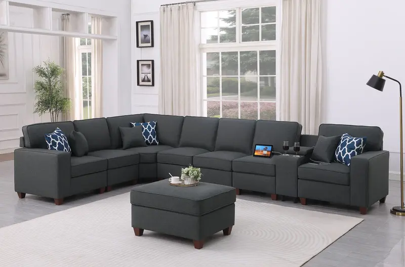Hannah Sectional Sofa Set – Sleek Dark Gray Modular Design With Ottoman 1