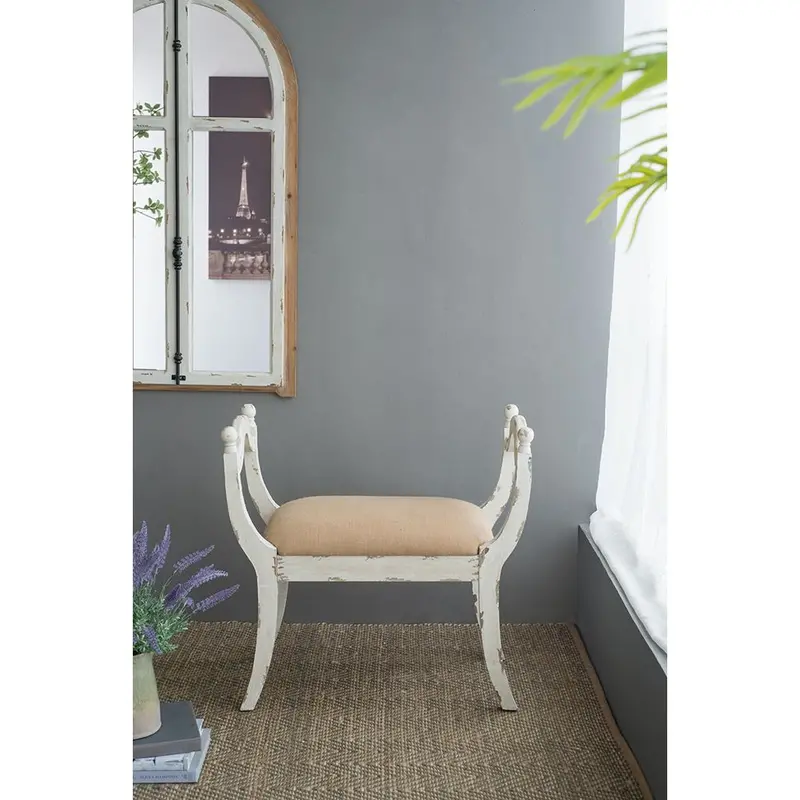 Harlow Farmhouse Vanity Bench – Beige And White Distressed Finish 1