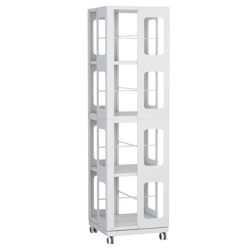 Heavy-Duty 4-Tier Rotating Steel Bookshelf – 360° Mobility & Spacious White Design 1