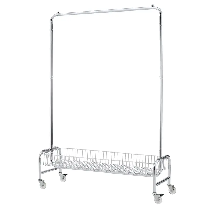 Heavy-Duty Rolling Garment Rack – Industrial Silver Iron Stand With Woven Basket 1