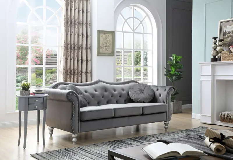 Hollywood Glamour Sofa With Velvet Upholstery And Nailhead Trim 3