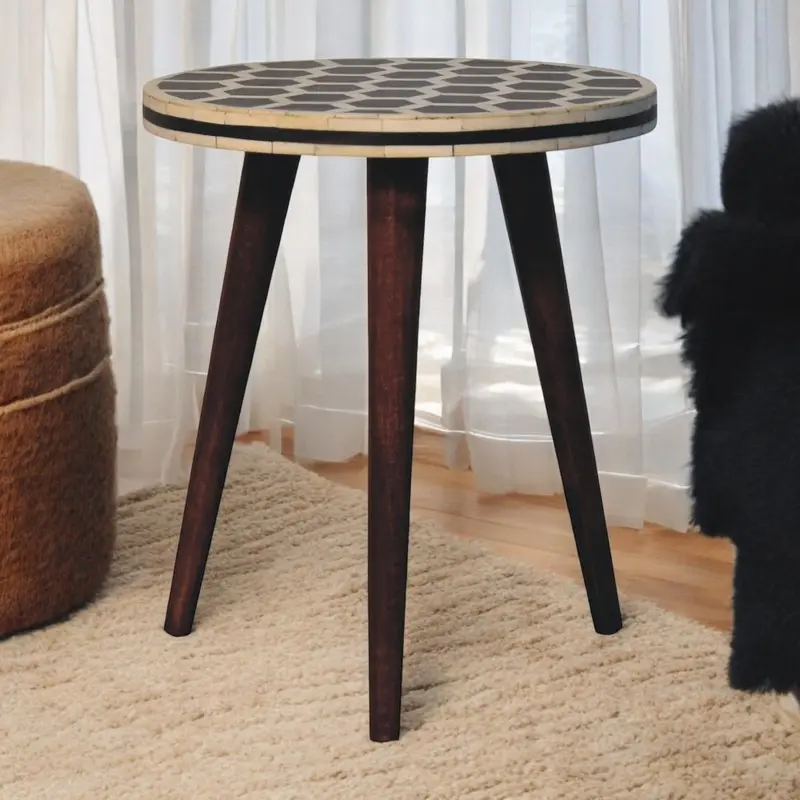 Honey Caramel Inlay Bone Tripod Stool – Artisan Crafted Accent Piece 1