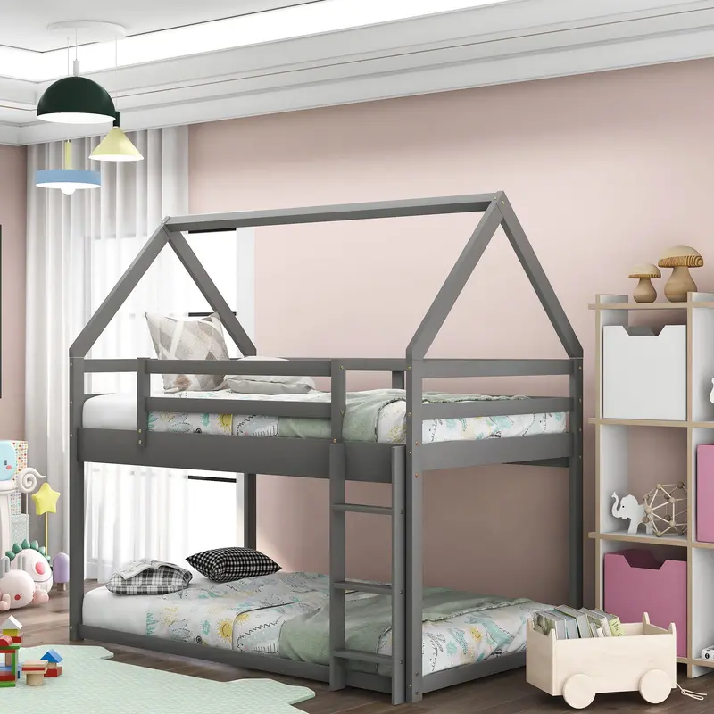 House-Style Low Bunk Bed With Ladder And Playful Frame 2