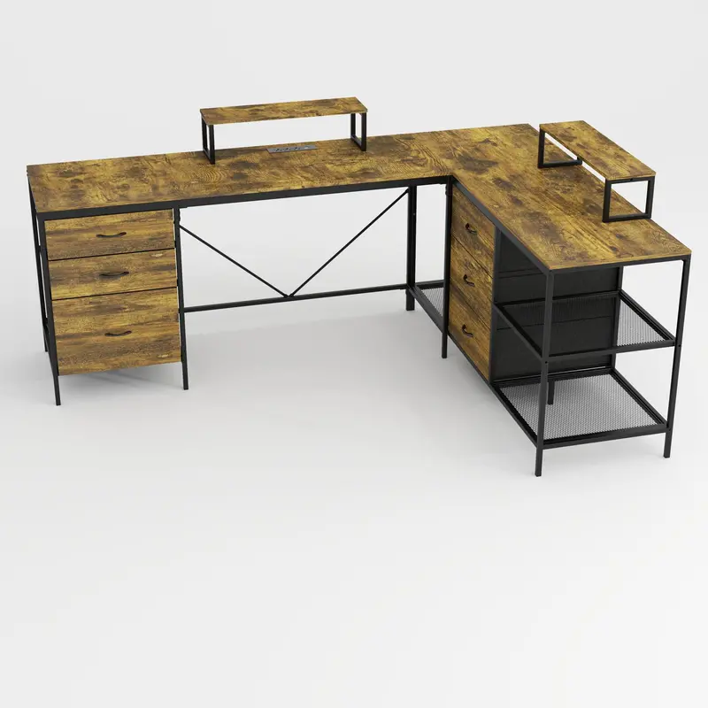 Industrial L-Shaped Desk With Integrated Power Hub, Fabric Storage Drawers, And Adjustable Monitor Stands – Brown 1