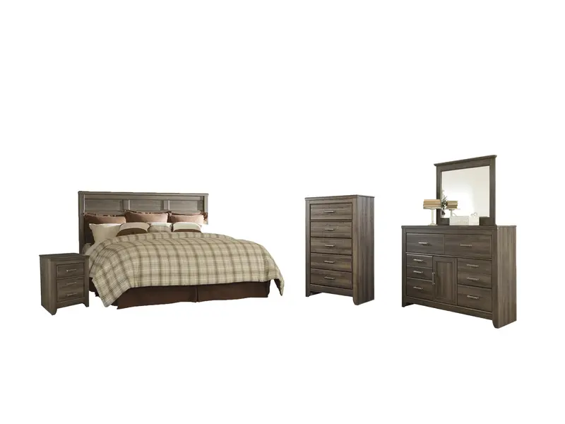 Juararo King Or California King Panel Headboard Set With Mirrored Dresser, Chest, And Nightstand 1