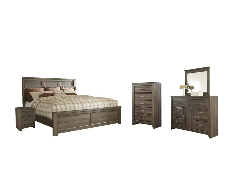 Juararo King Panel Bed Ensemble: Mirror Dresser, Chest, And Nightstand 1