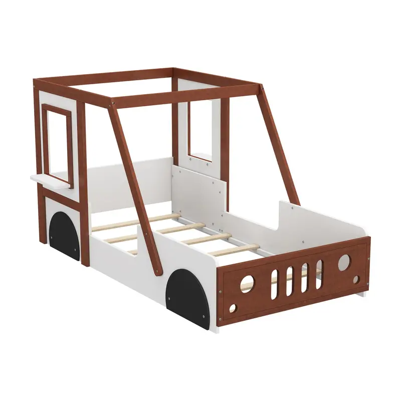 Kids' Car-Shaped Twin Platform Bed – Playful Themed Bedroom Furniture In White And Orange 1